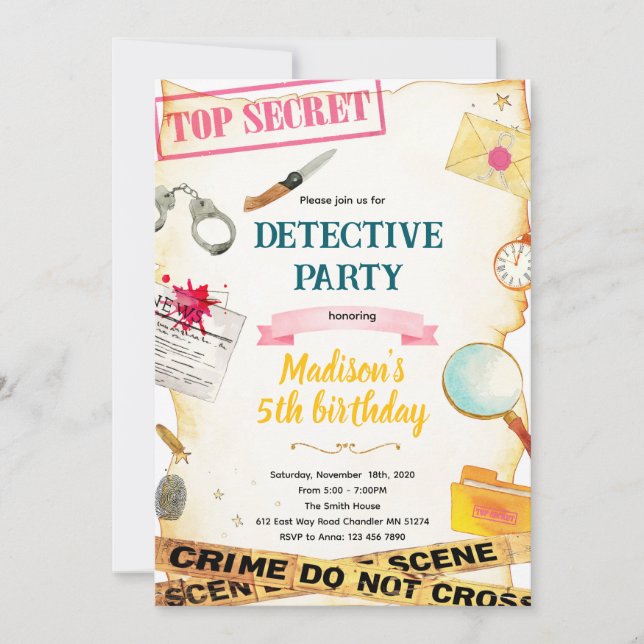 Detective girl party invitation  inbjudningar (Framsida)