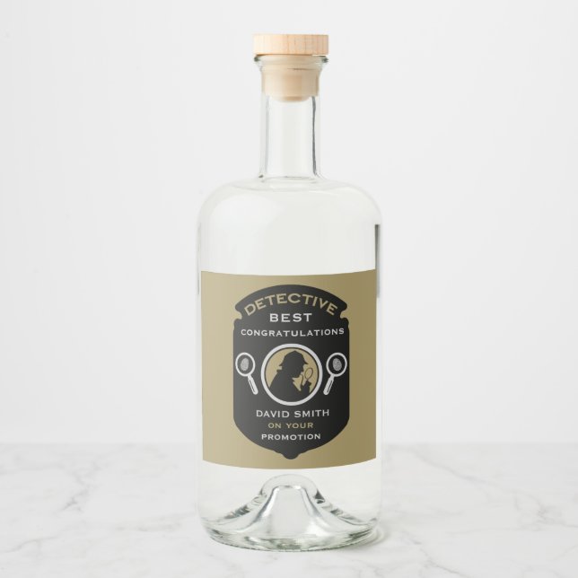 Detektiv-tematisk present för jobbflyttning spritflaskor etikett (Framsida)