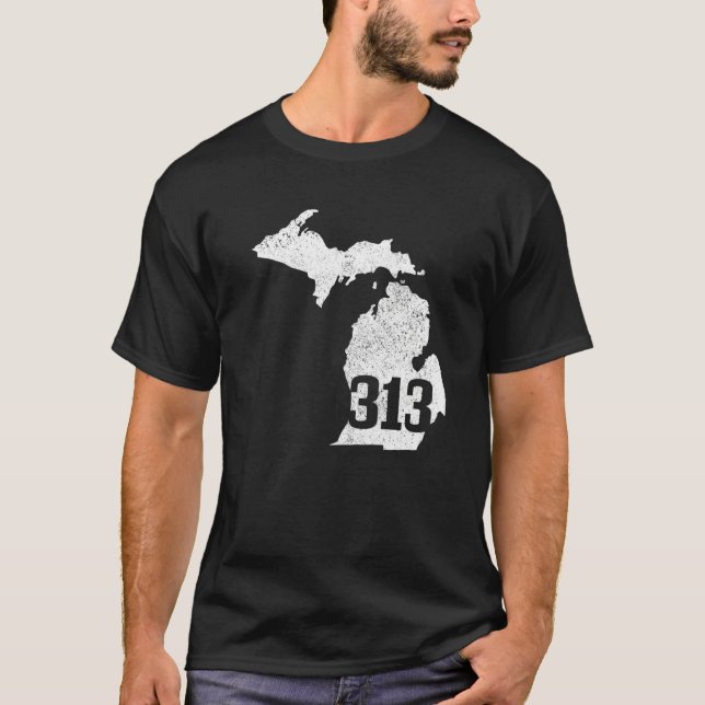 Detroit 313 Area Code Michigan Karta State Pride V T Shirt (Framsida)