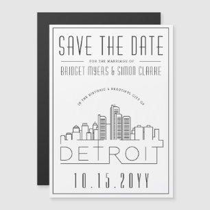 Detroit Bröllop Stiliserad Skyline Spara datum Magnetisk Inbjudningskort
