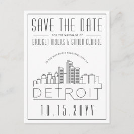 Detroit Bröllop | Stiliserad Skyline Spara datum Vykort