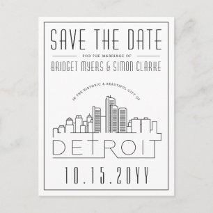 Detroit Bröllop   Stiliserad Skyline Spara datum Vykort