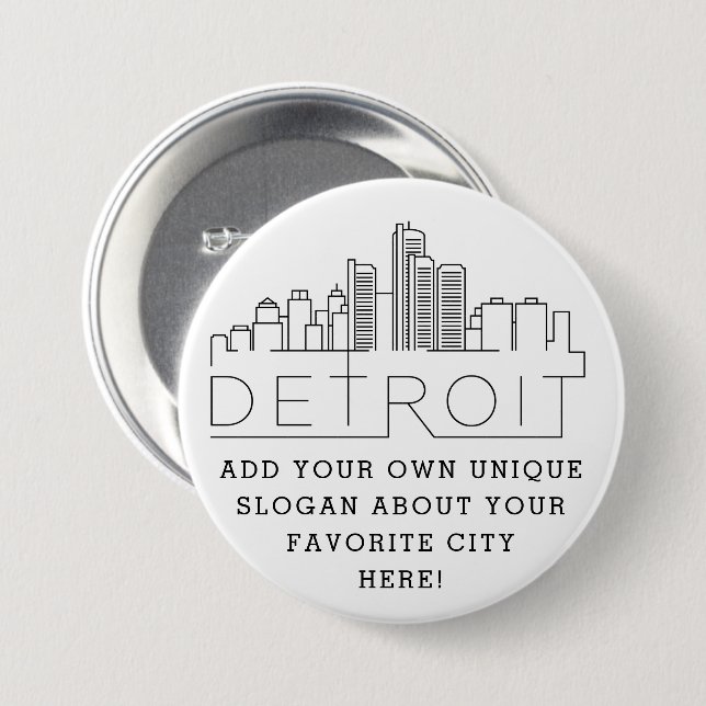 Detroit City Skyline | Anpassningsbar Slogan Butto Knapp (Framsida & baksida)