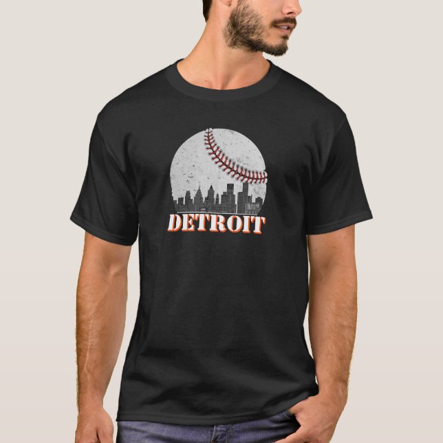 Detroit Cityscape Detroit Baseball Skyline Retro V T Shirt (Framsida)