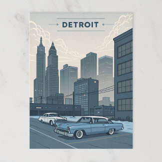 Detroit: Classic Cars och Urban Skyline Illustrati Vykort