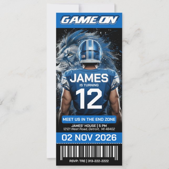 Detroit Football Ticket Birthday Invitation (Framsida)