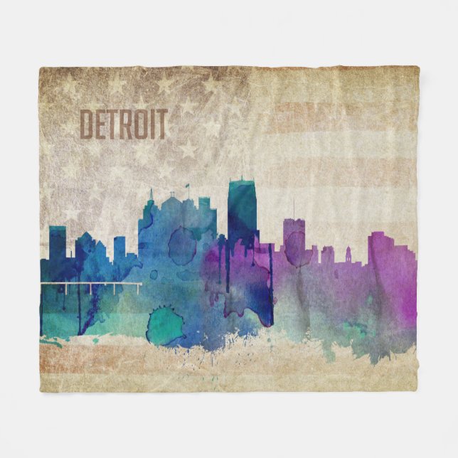 Detroit för vattenfärgstad för MI | horisont Fleecefilt (Framsidan (Horisontell))