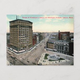 Detroit, hörnet av Woodward & Michigan, Vintage Vykort