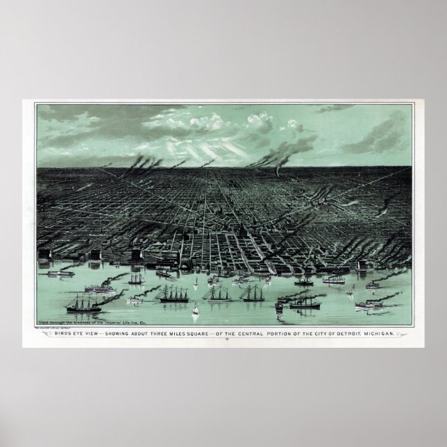 Detroit MI Panoramic Karta DIGITALLY REMASTERED Poster (Framsidan)