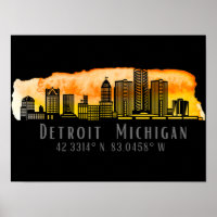 Detroit MI Skyline Latitude och Longitud Skriv ut