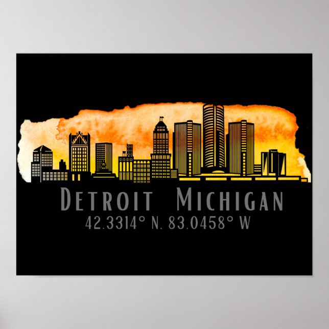 Detroit MI Skyline Latitude och Longitud Skriv ut Poster (Framsidan)