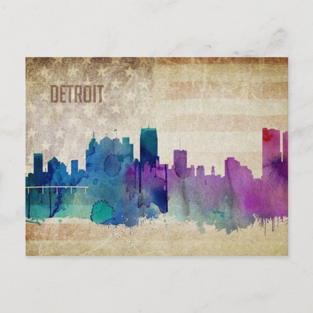 Detroit, MI | Watercolor City Skyline Vykort (Framsida)