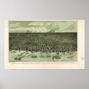 Detroit Michigan 1889 Antique Panoramic Karta Poster