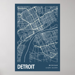 Detroit Michigan City Karta Line Art Blue Skriv ut Poster