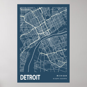 Detroit Michigan City Karta Line Art Blue Skriv ut Poster