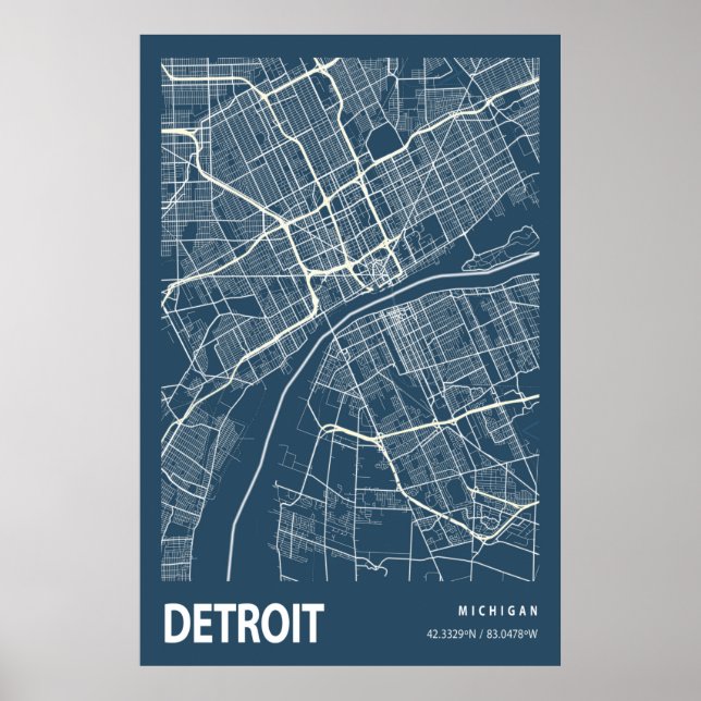 Detroit Michigan City Karta Line Art Blue Skriv ut Poster (Framsidan)