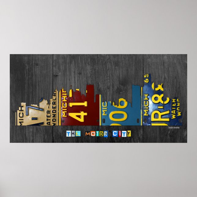 Detroit Michigan City Skyline License Plate Art Poster (Framsidan)