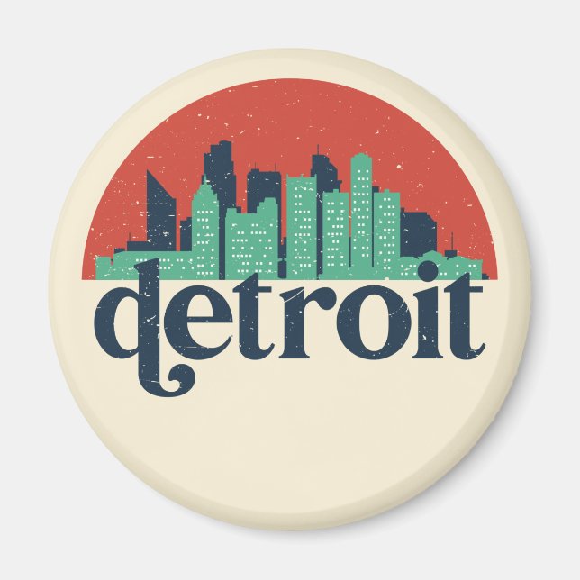 Detroit Michigan City Skyline Retro Cityscape Art Magnet (Framsidan)
