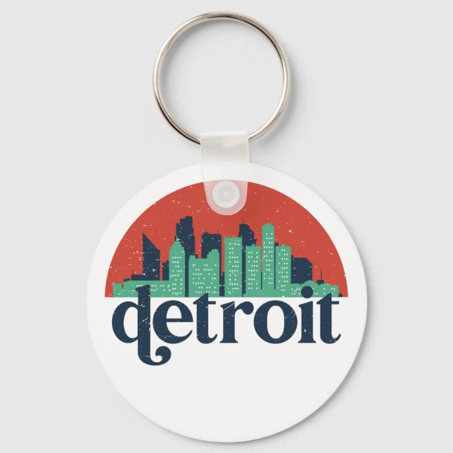 Detroit Michigan City Skyline Retro Cityscape Art Nyckelring (Framsida)