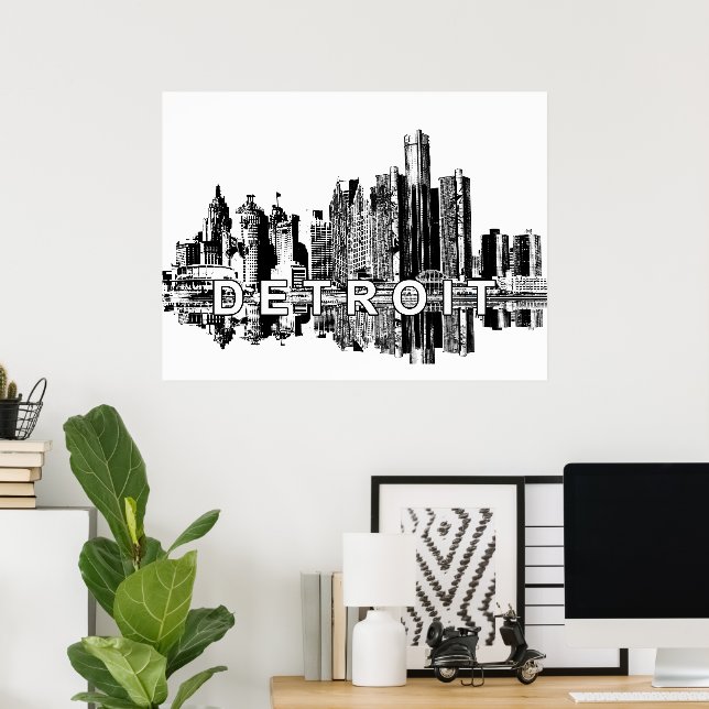 Detroit, Michigan i svart bläck Poster (Hemmakontoret)