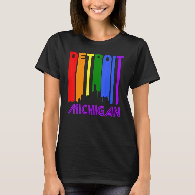 Detroit Michigan Lgbtq Gay pride Rainbow Skyline T Shirt (Framsida)