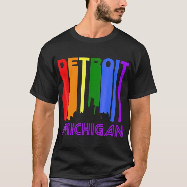 Detroit Michigan LGBTQ Gay pride Rainbow Skyline T T Shirt (Framsida)