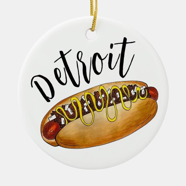 Detroit Michigan MI Coney Island Hett Hund Hotdog Julgransprydnad Keramik (Framsidan)