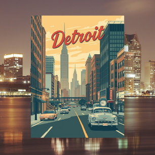 Detroit Michigan Retro Cars Travel Vykort