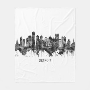Detroit Michigan Skyline BW Fleecefilt