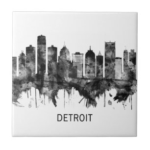 Detroit Michigan Skyline BW Kakelplatta
