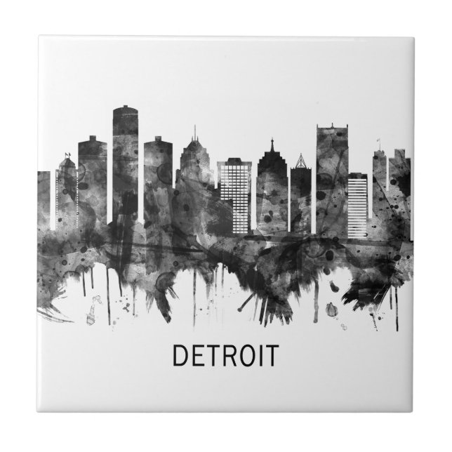 Detroit Michigan Skyline BW Kakelplatta (Framsidan)