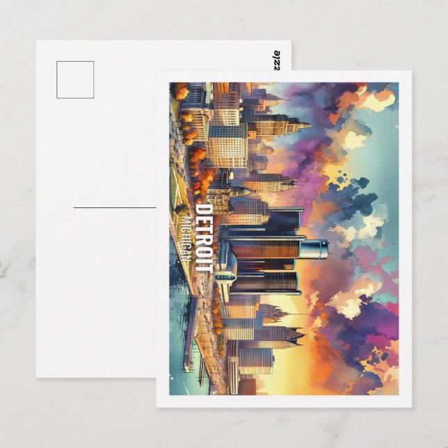 Detroit Michigan USA Berömd Ställe vattenfärg Vykort (Fram/baksida)