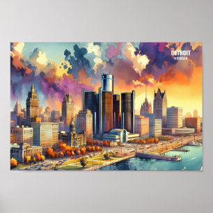 Detroit Michigan USA Travel Ställe vattenfärg Poster