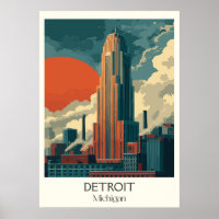 Detroit Michigan Vintage Iconic City Skyline Art