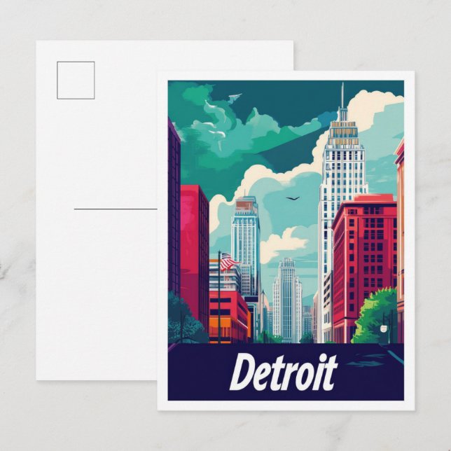 Detroit Michigan Vintage resor Illustration Vykort (Fram/baksida)