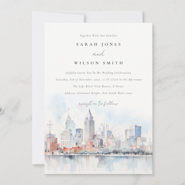 Detroit Michigan Watercolor Landscape Wedding Inbjudningar (Framsida)
