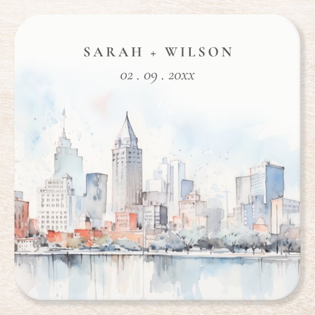 Detroit Michigan Watercolor Landscape Wedding Underlägg Papper Kvadrat (Framsidan)