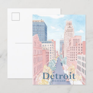 Detroit Michigan Watercolor Painting Travel Vykort