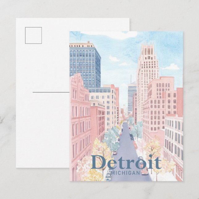 Detroit Michigan Watercolor Painting Travel Vykort (Fram/baksida)