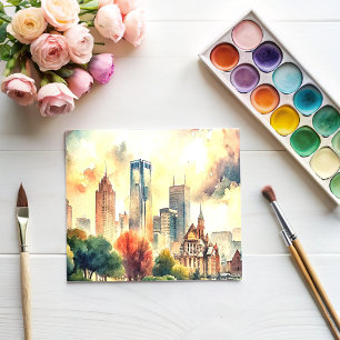 Detroit Michigan Watercolor Painting Vykort