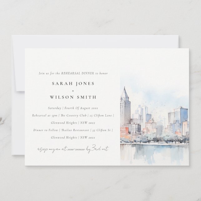 Detroit Michigan Watercolor Scape Rehearsal Dinner Inbjudningar (Framsida)