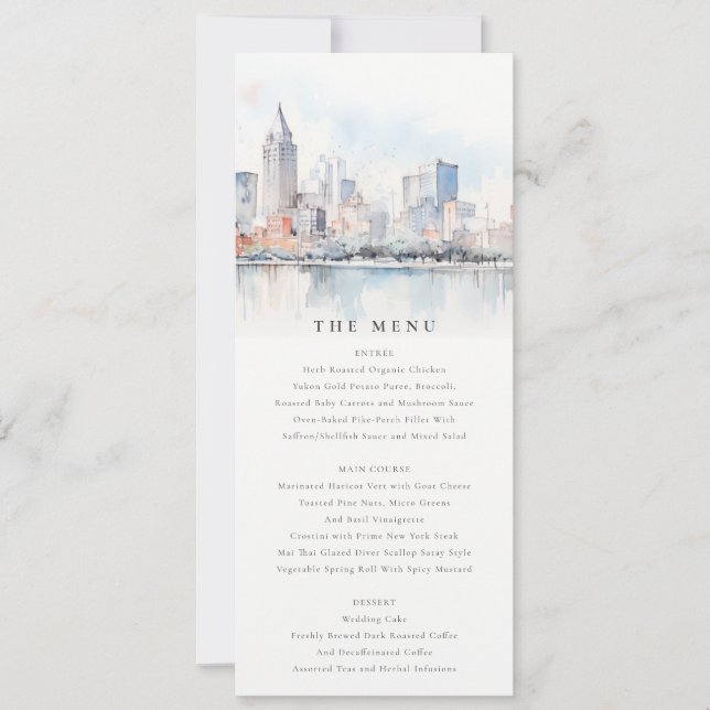 Detroit Michigan Watercolor Scape Wedding Menu Inbjudningar (Framsida)