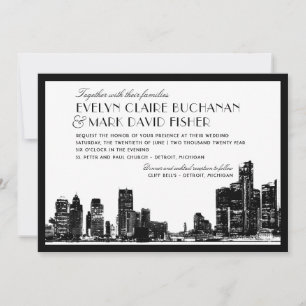 Detroit Skyline Art Deco Bröllop Inbjudningar