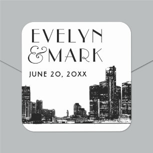 Detroit Skyline Art Deco Monogram Bröllop Fyrkantigt Klistermärke