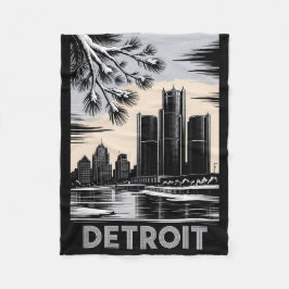 Detroit Skyline Black and White Woodcut Winter Fleecefilt