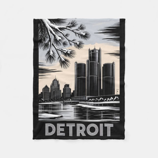 Detroit Skyline Black and White Woodcut Winter Fleecefilt (Framsidan)