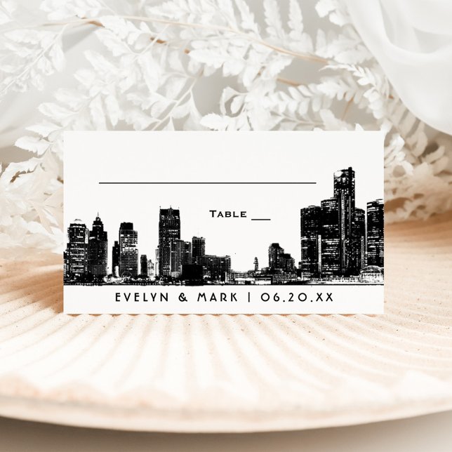 Detroit Skyline Black Art Deco Bröllop Monogram Placeringskort (Skapare uppladdad)