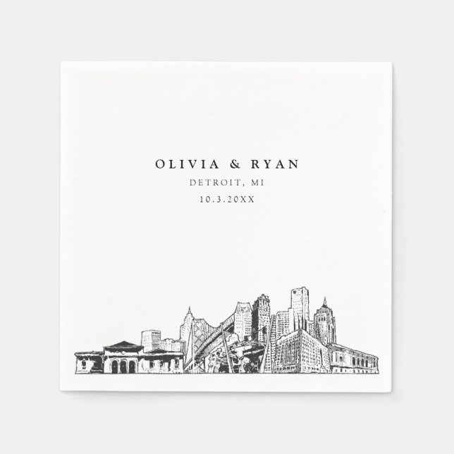 Detroit Skyline Bröllop Papper Cocktail Napkin Pappersservett (Framsidan)