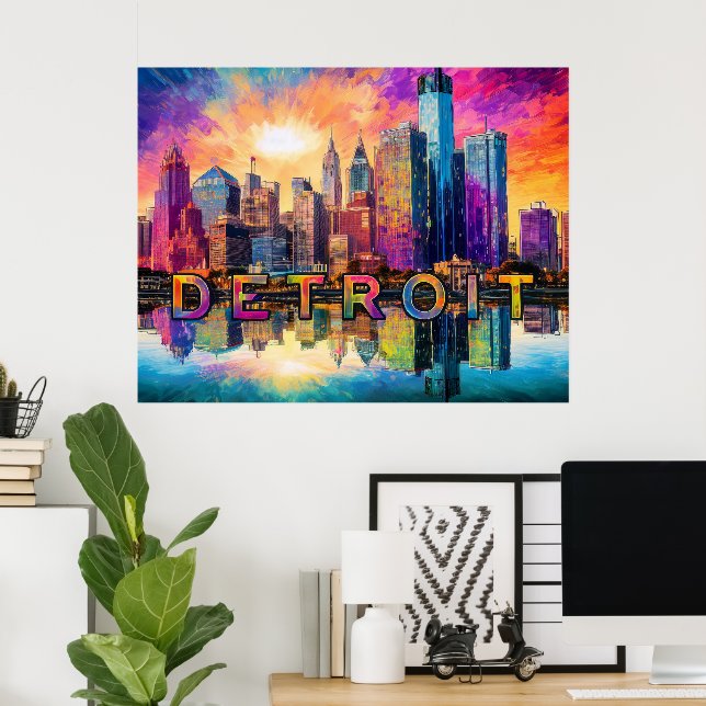 Detroit Skyline Colorful Abstrakt Art Poster (Hemmakontoret)