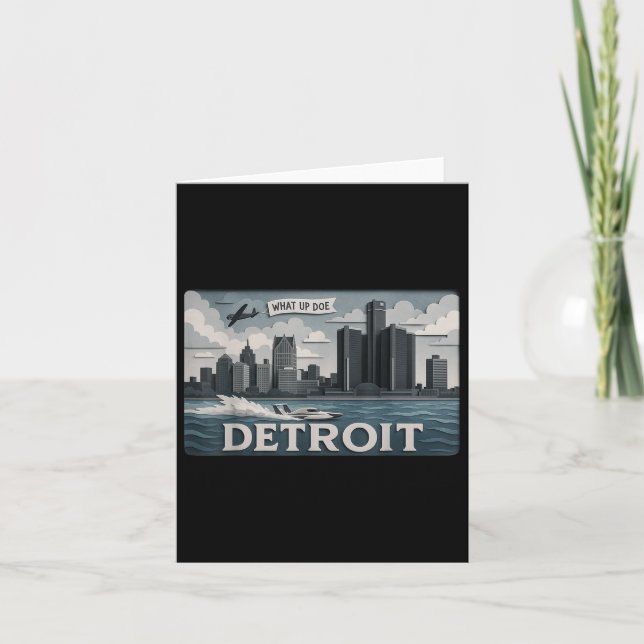 Detroit Skyline Design with What Up Doe" Kort (Framsida)